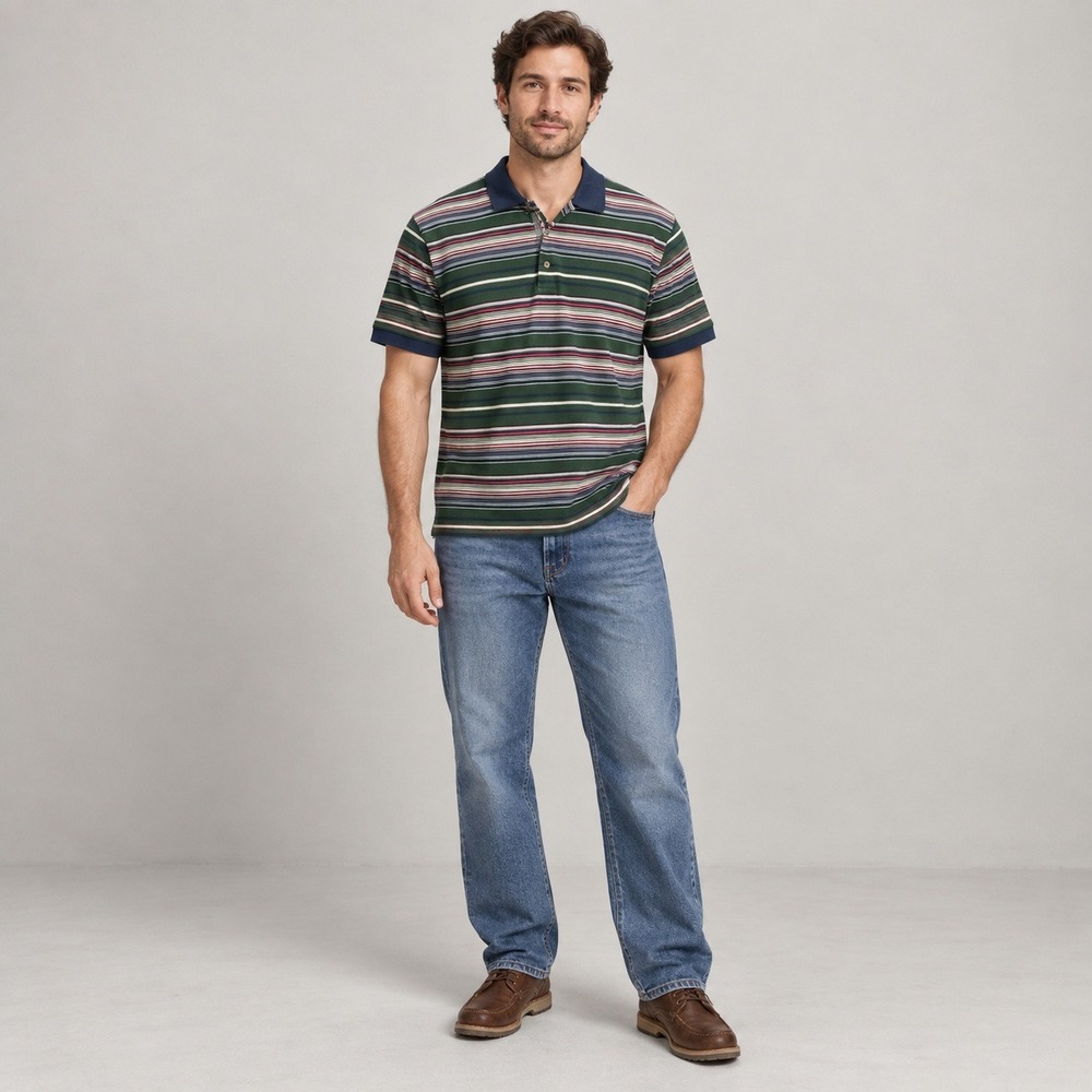 Eddie Bauer Striped Polo Shirt Mens L Green Cotton Retro Preppy Dadcore